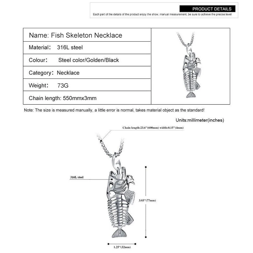 Charm Stainless Steel Hollow Fish Skeleton Bone Pendant Necklace 3 Colors
