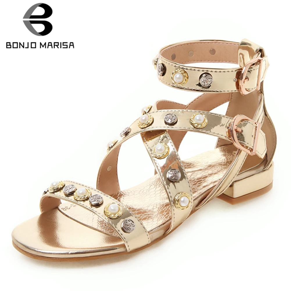 

BONJOMARISA 2019 Fashion Glitter Pearls Sandals Women Summer Sandals Ankle Strap Casual Soft Women Shoes Woman Plus Size 33-46