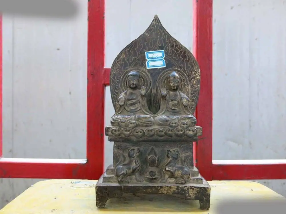

9" China old pure bronze carved Buddhism Foo Dogs Lion and two buddha Statue