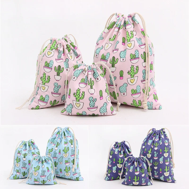 

Cute Cactus Printing Canvas Drawstring Bags Women Travel Bags Candy Jewelry Makeup Cosmetic Bags Shoes Travel Organizer Bag