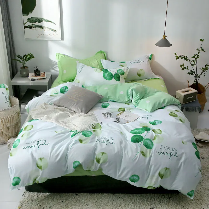 

Nordic Green Plant Flower Printed 4pcs Bed Cover Set Cartoon Duvet Cover Bed Sheets And Pillowcases Comforter Bedding Set 61001