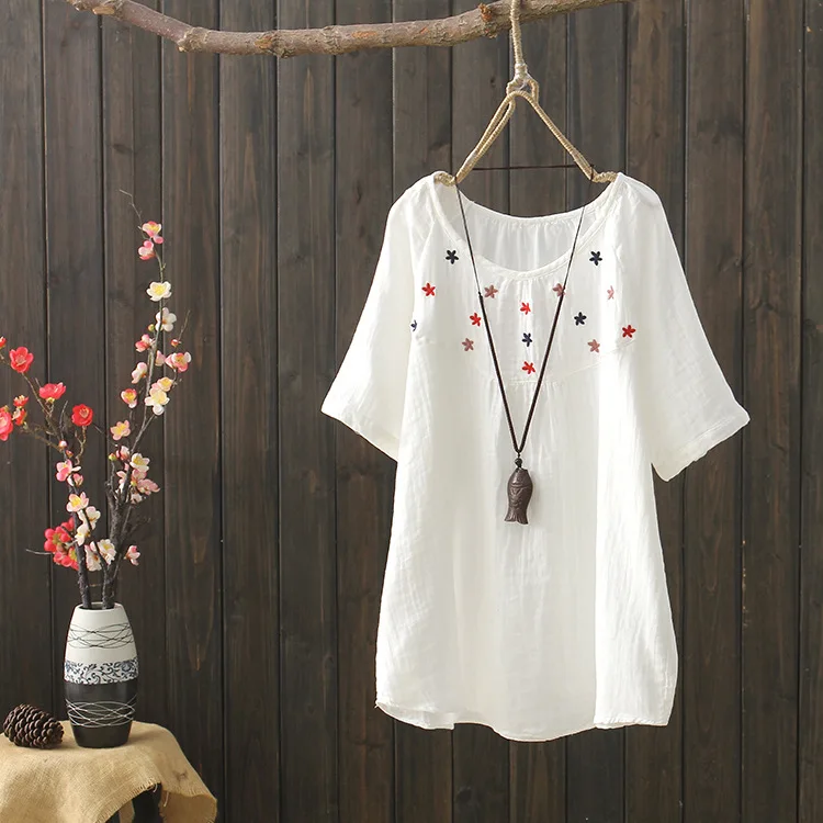 

KYQIAO blusas mulher elegantes WOMEN shirt mori girls autumn Japanese style ethnic o neck short sleeve white embroidery blouse