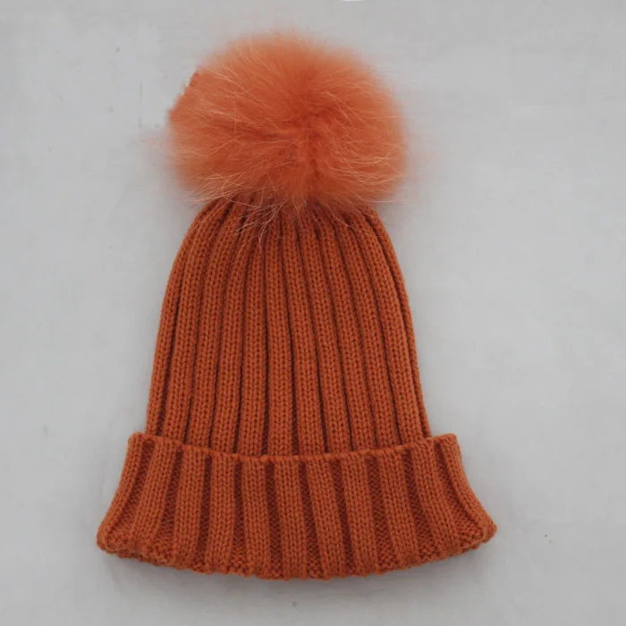 Дизайн JS FUR: тёплая зимняя полушерстяная вязанная шапочка с помпоном того же цвета из натурального меха енота для мужчин и женщин - Цвет: orange
