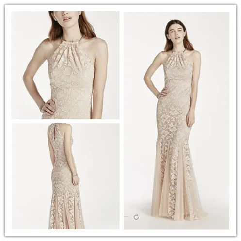 vestidos de festa champagne lace fit and flare vestido halter con