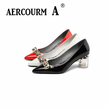 

Aercourm A 2019 Women Red Black Beige Solid Color Pumps Lady Cow Patent Leather Shoes Square High Transparent Heel Pumps Shoes