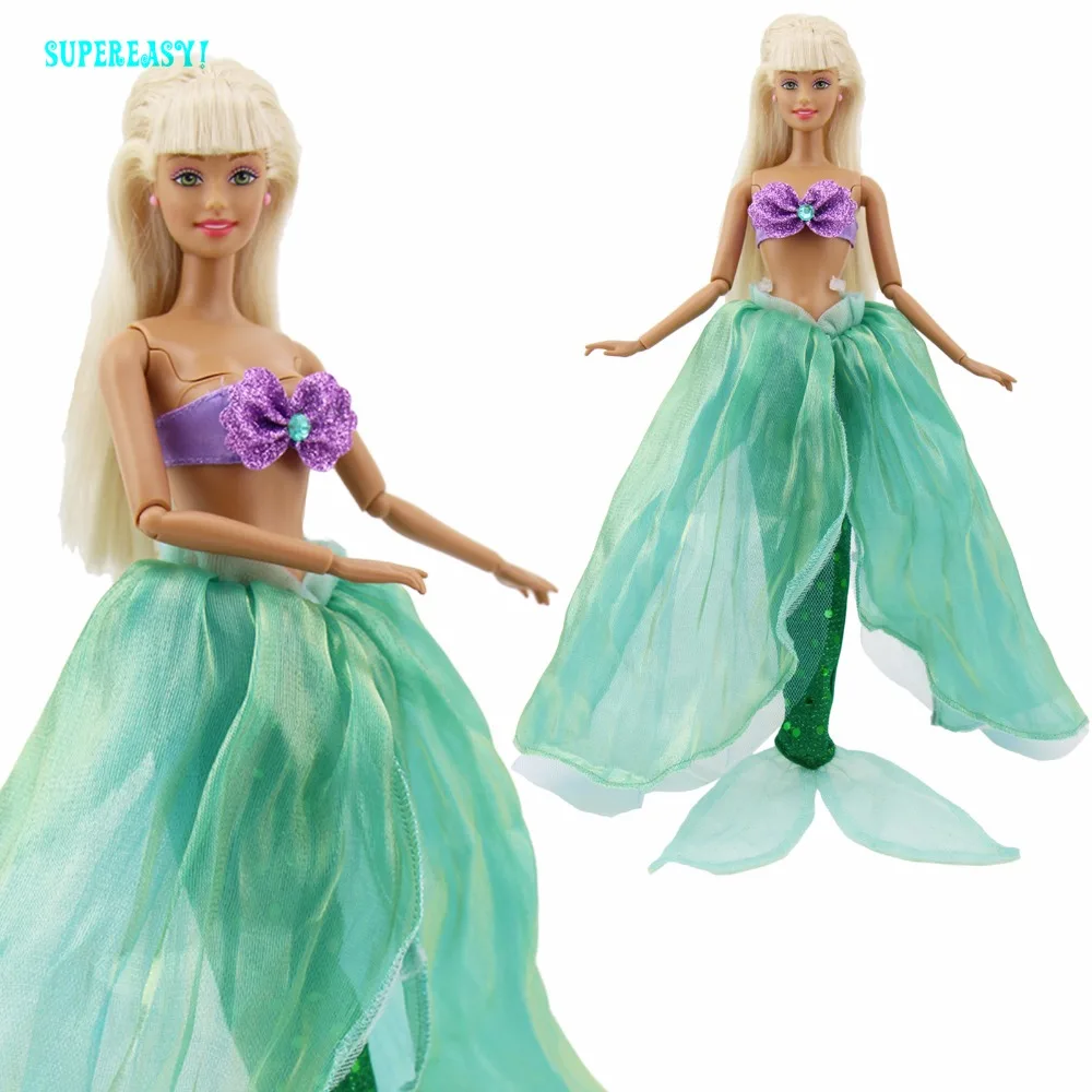 

1 Set Mermaid Outfit Fairy Tale Dress Purple Bra With Bead Green Fishtail Lace Clothes For Barbie Doll Accessories Kids Play Toy
