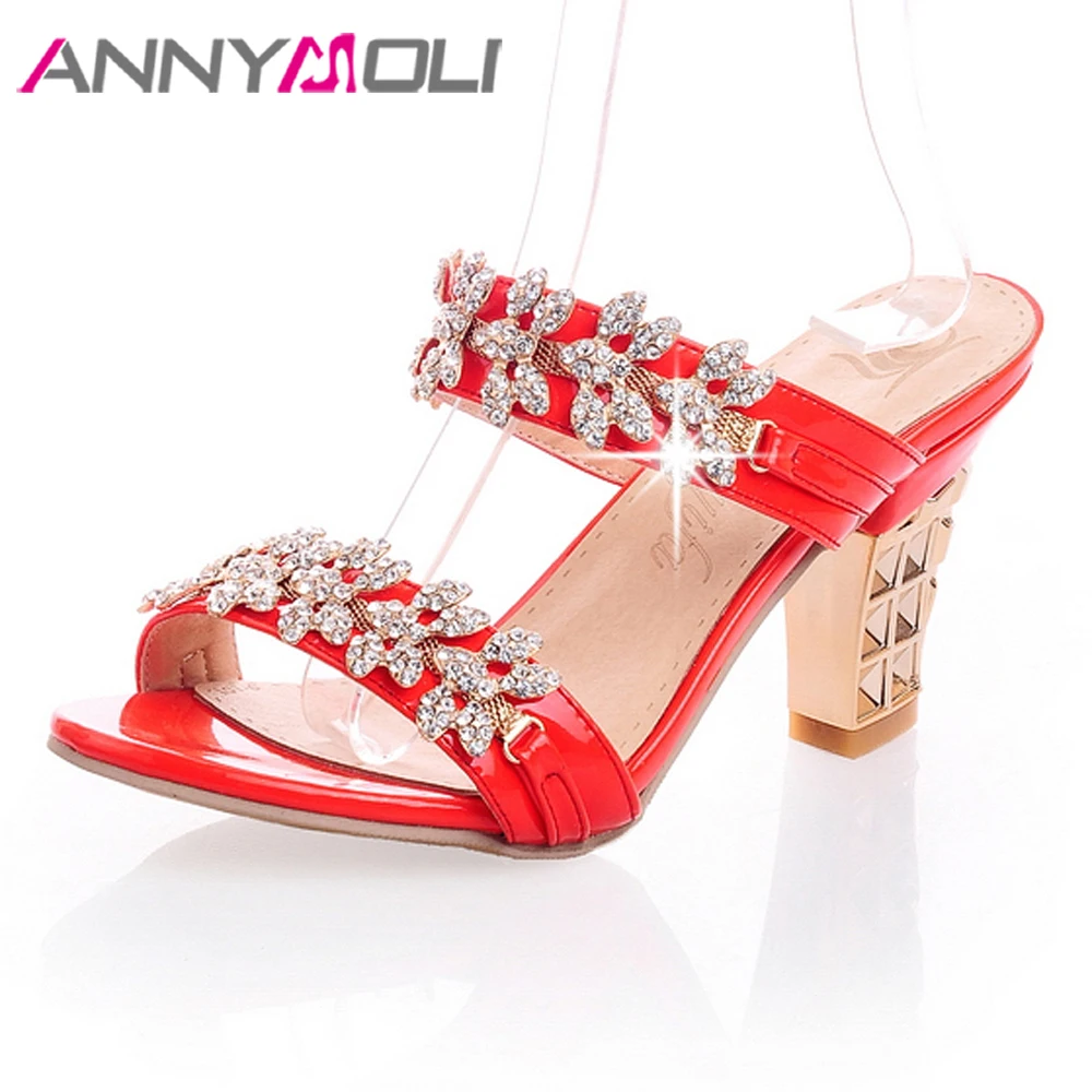 

ANNYMOLI Ladies Sandals Bling Slippers Summer Rhinestone Thick High Heels Shoes Open Toe Party Sandals Women Red Gold Size 34-39