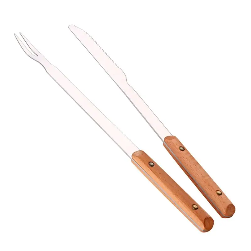 

utdoor Stainless Extended Wood Handle Steel Barbecue Knife and Fork Anti-scalding Barbecue Tool Accessories Kitchen accessories
