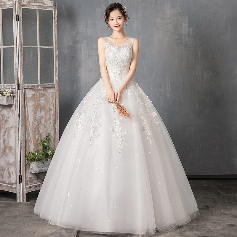 

2019 New Sexy V Neck Sleeveless Wedding Dress Beautiful Lace Applique Sequin Floor Length Slim Bridal Gown Vestido De Noiva L