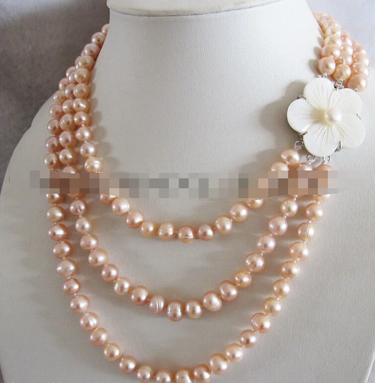 

FREE SHIPPING 0825 Peach Pink 3Row Freshwater Pearl Necklace