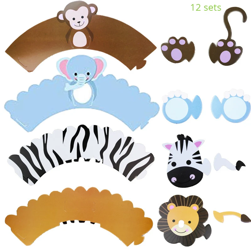 Jungle Party Supplies Birthday Party Decorations Kids Animal Safari Paper Plate Cup Balloons Baby Shower boy 1st Birthday Decor - Цвет: 12set cupcake