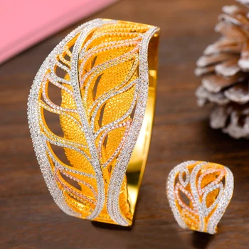 

missvikki Luxury Gorgeous Unique Design Romantic Leaf Shape Bangle Ring Jewelry Set for Women Bridal Wedding Engagement Jewelry