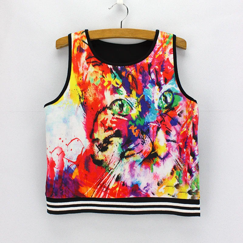 

Abstract graffiti Cat printed women's Short tank top 2016 novelty fashion design cropped tops for girls summer dresses wholesale