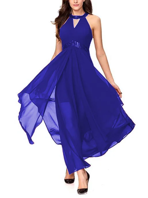 Женское винтажное длинное вечернее шифоновое платье без рукавов, свадебные вечерние платья макси - Цвет: Синий