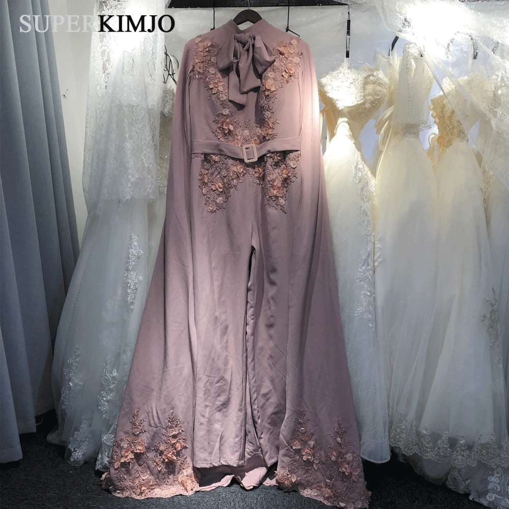 

SuperKimJo Dusty Pink Jumpsuits for Women 2019 Lace Applique 3D Flowers Pants for Evening Party with Dubai Cape Abiye Elbise