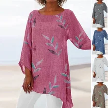 19 autumn new cotton and linen Women's Blouse round neck cropped sleeves printed shirt size plus 5XL grey round neck flared sleeves blouse