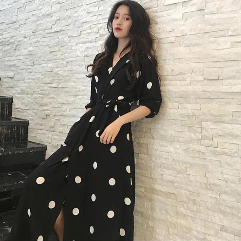 

Summer Women's Dress Korean Style Fashion V-neck Ladies Long Dress Casual Half Sleeve Dot Dress Female New 2019 Clothes