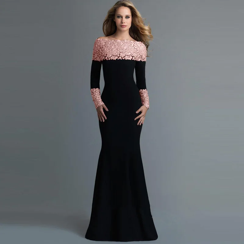 

Fashion Women Elegant Floor Length Evening Party Dress Large Size Trumpet Maxi Long Dress Sexy Long Sleeve Dress M-2XL 3 Colors
