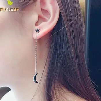 

Flyleaf Black Cubic Zirconia Asymmetry Star Moon Long Drop Earrings For Women 100% 925 Sterling Silver Fashion Jewellery