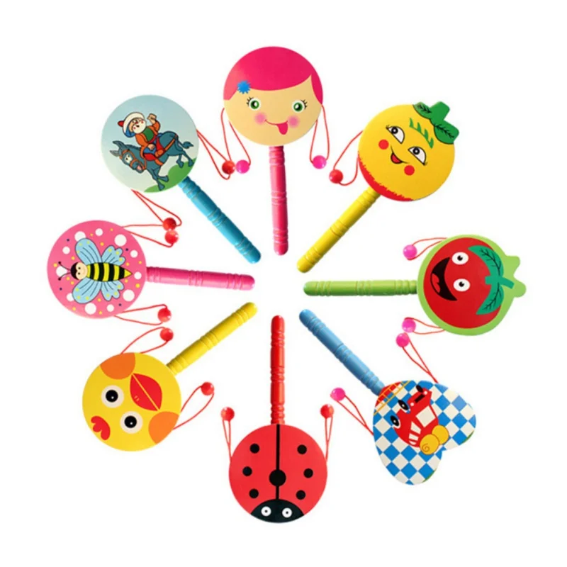 

1pcs Baby Kids Cartoon Animal Hand Bell Toy Wooden Rattle Drum Musical Instrument Ring Random color