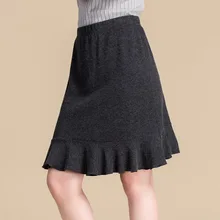 Зима 90% шелк кашемир половина-длина юбка Женская высокая талия, средней толщины теплый с кромкой в форме листа лотоса черный a-образная юбка