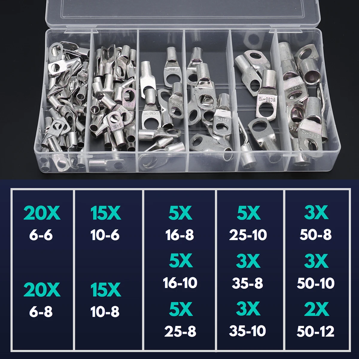

104Pcs Copper Cable Lugs Kit 6mm2/10mm2/16mm2/25mm2/35mm2/50mm2 Terminal Block Wire Connectors