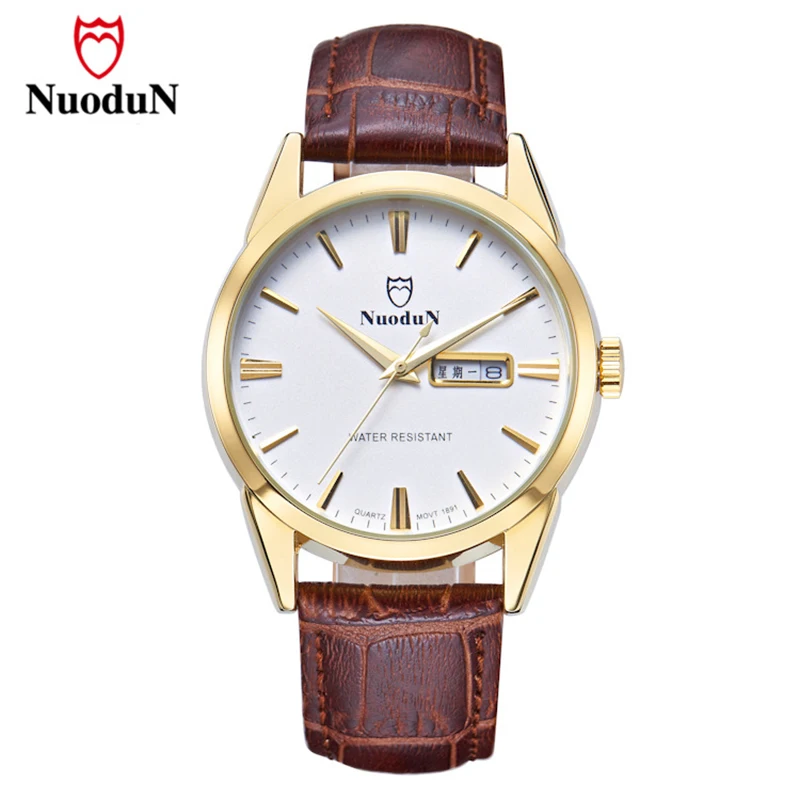 Nuodun New Brand Men Watch Gold Plated Stainless Steel Case Casual Mens Quartz Watch Waterproof Leather Strap Date Clock 1891 Nuodun New Brand Men Watch Gold Plated Stainless Steel Case Casual Mens Quartz Watch Waterproof Leather Strap Date Clock 1891