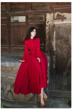 

red dress long sleeves high rise ethnic style retro long dress for women 2019 summer chiffon dress
