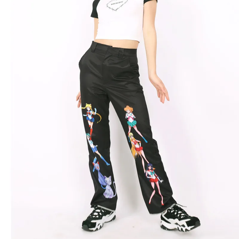 Anime Pretty Guardian Sailor Moon Print Women Trousers Loosen Long Pants Mid Waist Pant Female Harajuku Hip Hop Punk Streetwear - Цвет: Черный