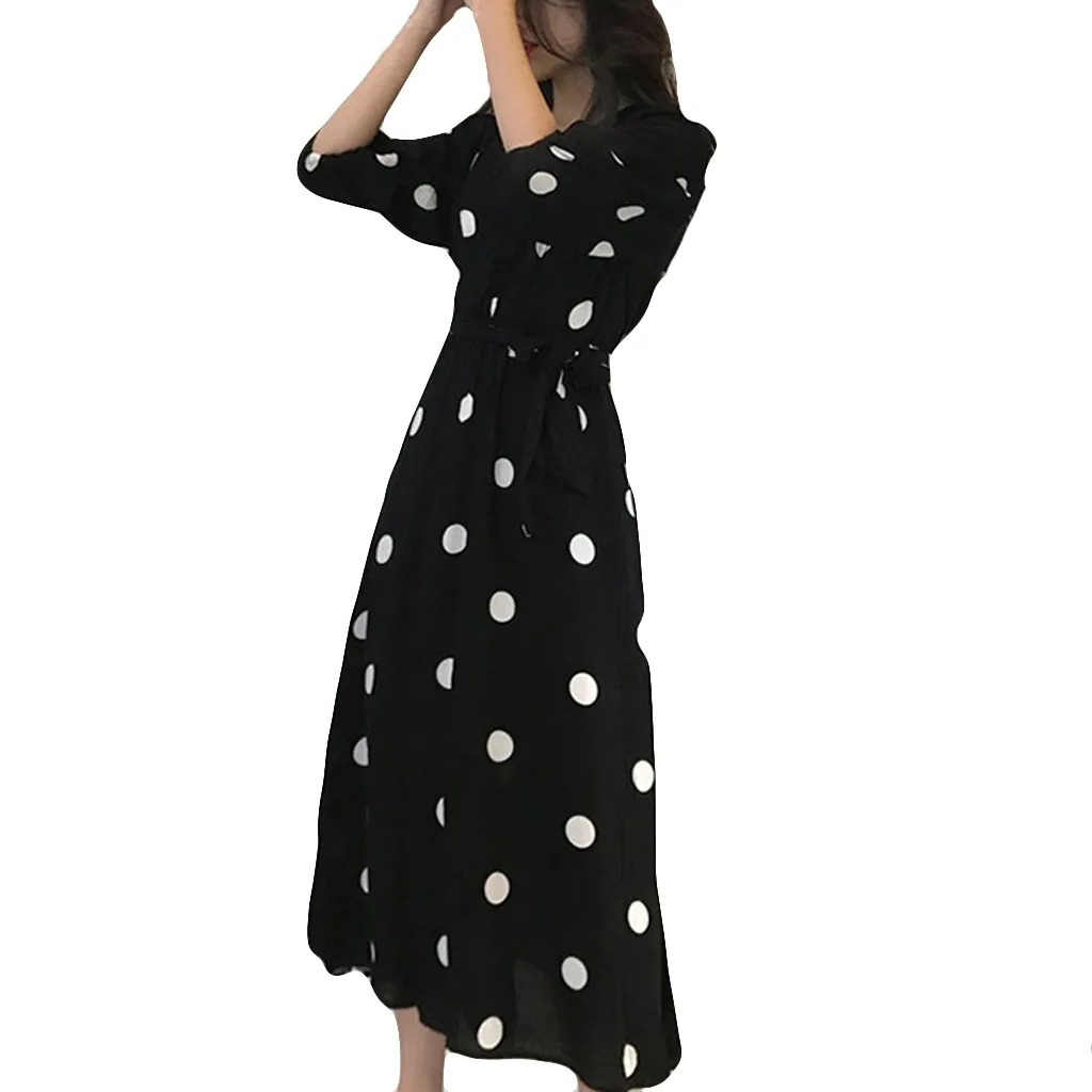 Винтажное женское осеннее платье размера плюс Vestidos, Свободные повседневные платья макси, женское платье в черный горошек с длинным рукавом