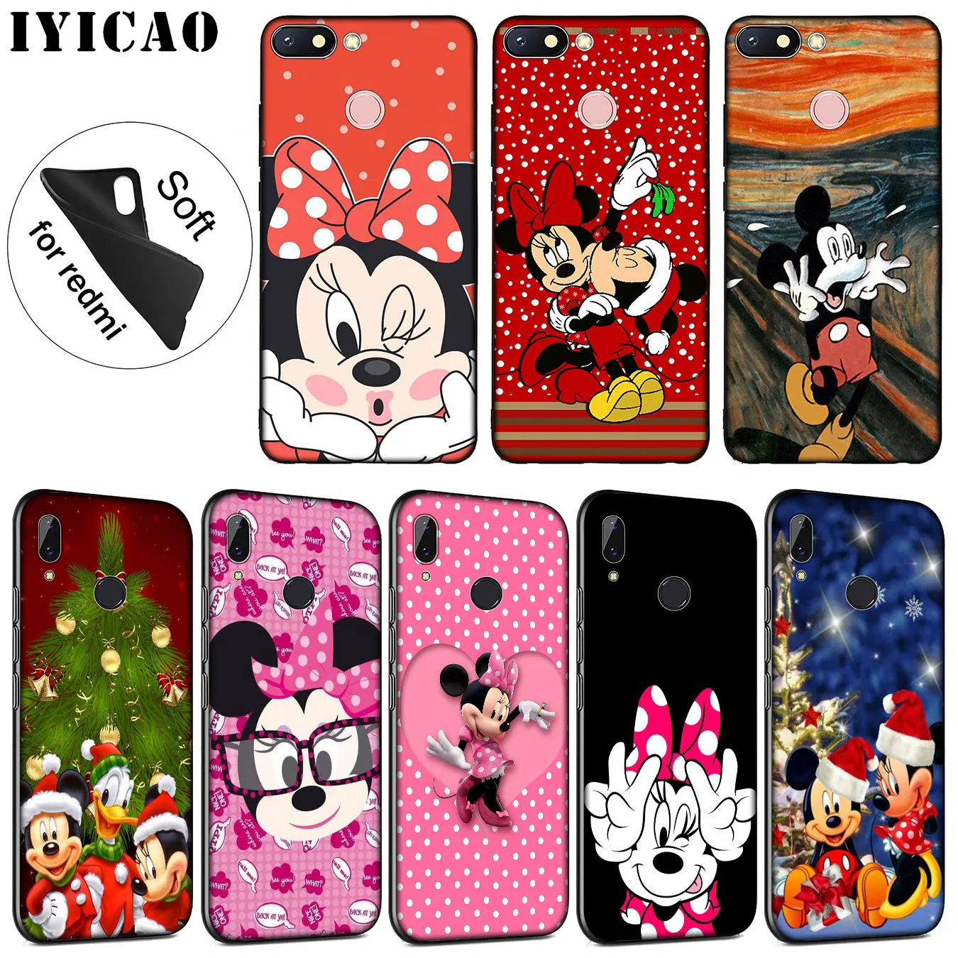 

IYICAO Mouse Mickey Minnie Soft Silicone Phone Case for Xiaomi Redmi K20 7A 6A 5A S2 4X 4A GO Note 8 7 5 Plus 6 Pro Black Cover