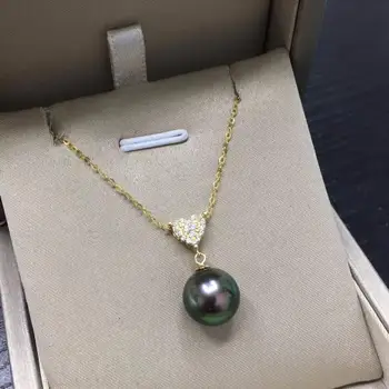 

charming 10-11mm Tahitian round black green pearl pendant 18