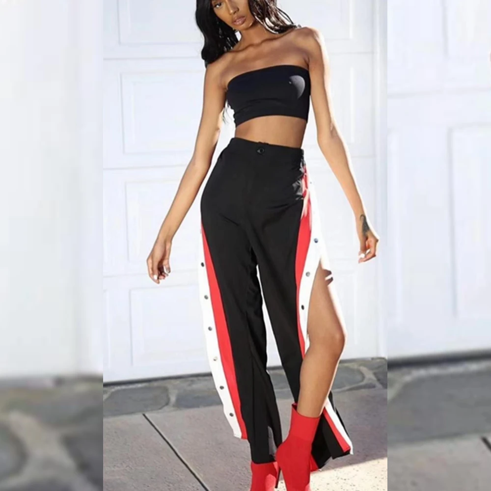 

2018 New Arrive Patchwork Bandage Pants Button Sexy Women Split Fashion Causal Black Women Club Good Quality Wholesale