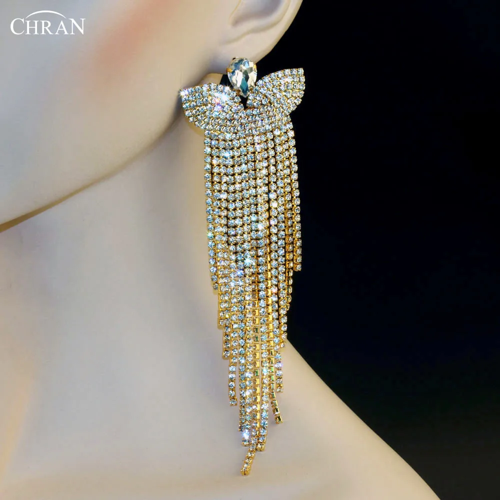 CHRAN Gold Color Charm Rhinestone butterfly tassel earrings for women