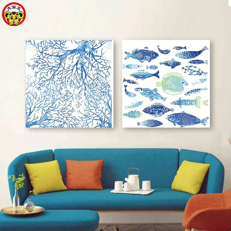 

painting by numbers art paint by number Diy Cartoon Blue Fish Branches Colouring hand-painted decorative paintings and oil pai