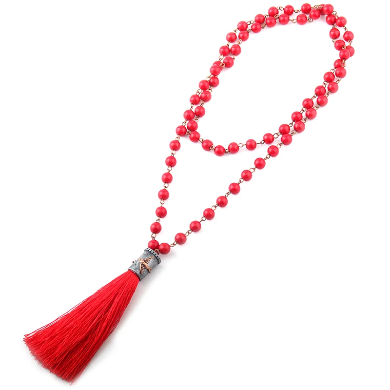 Модная 8 мм красная четки цепочка шапка с изображением птицы Длинная кисточка Женское Ожерелье