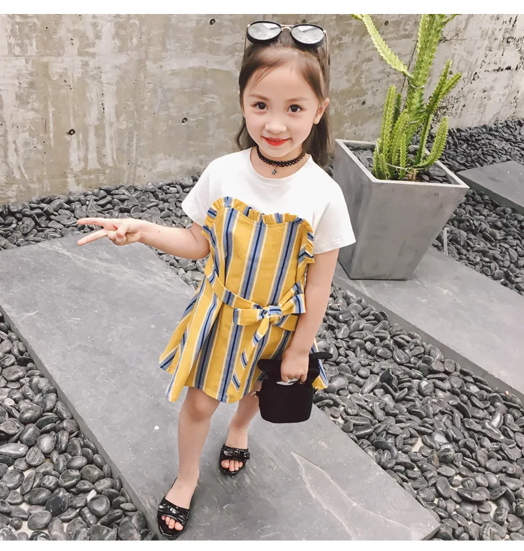 Princess dress Kids Baby Girls Summer Stitched striped bows Short sleeved dress sweet style children's clothing (1)