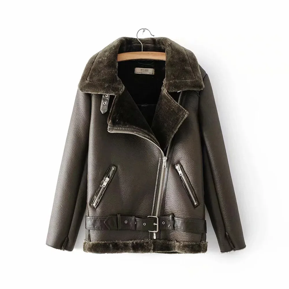 Army Green Искусственная ПУ мотоциклетная куртка, пальто для женщин с меховым воротником, Толстая Уличная одежда из овечьей шерсти, зимнее пальто на молнии с поясом, парка mujer PY04 - Цвет: Army Green
