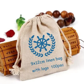 

100 Personalized Logo Linen bag 9x12cm (3 4/8" x 4 6/8") Print buyer design or company Store Name Jute Gift Pouch