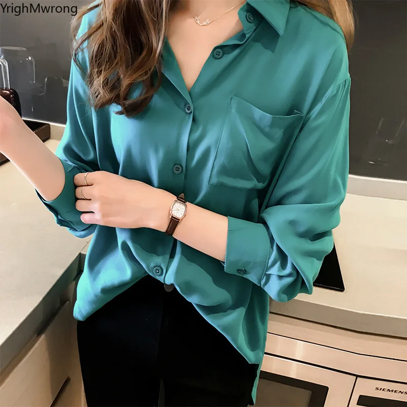 

Plus Size Oversized Loose Ladies Solid Satin Silk Chiffon Long Sleeve Blouse Autumn Spring Summer Winter Basic Top Shirt Office