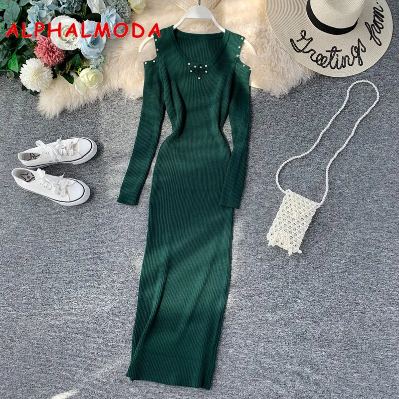 

ALPHALMODA 2019 Autumn New Arrival Crystal Decored Ladies Off-shoulder Solid Mid-calf Elegant Women Bottom Knit Vestidos Dress