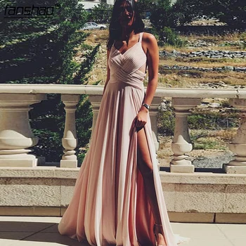 

2019 Prom Dresses A-Line Chiffon Criss-Cross Pleat High Slit Party Maxys Long Prom Gown Evening Dresses Robe De Soiree
