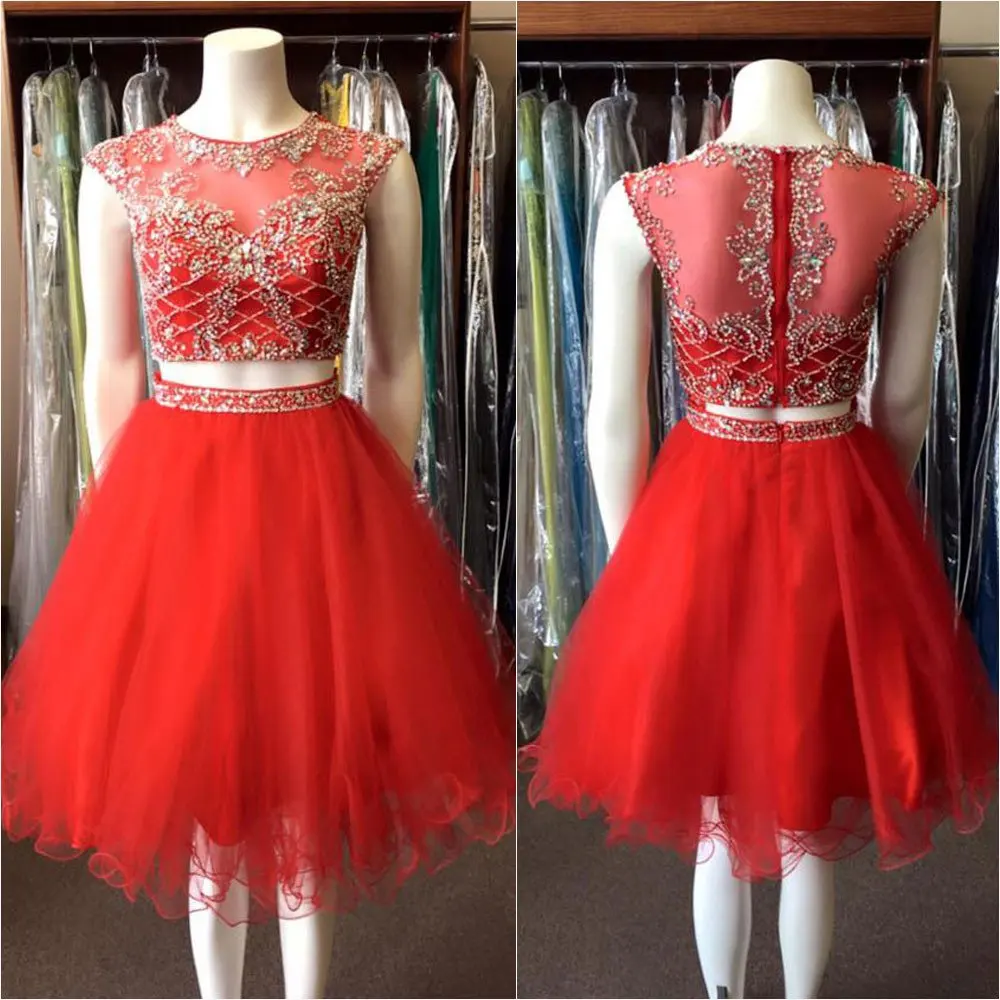 Red Sexy Cute Two 2 Pieces Juniors Short Cocktail Party Dresses Knee Length Beaded Crystals