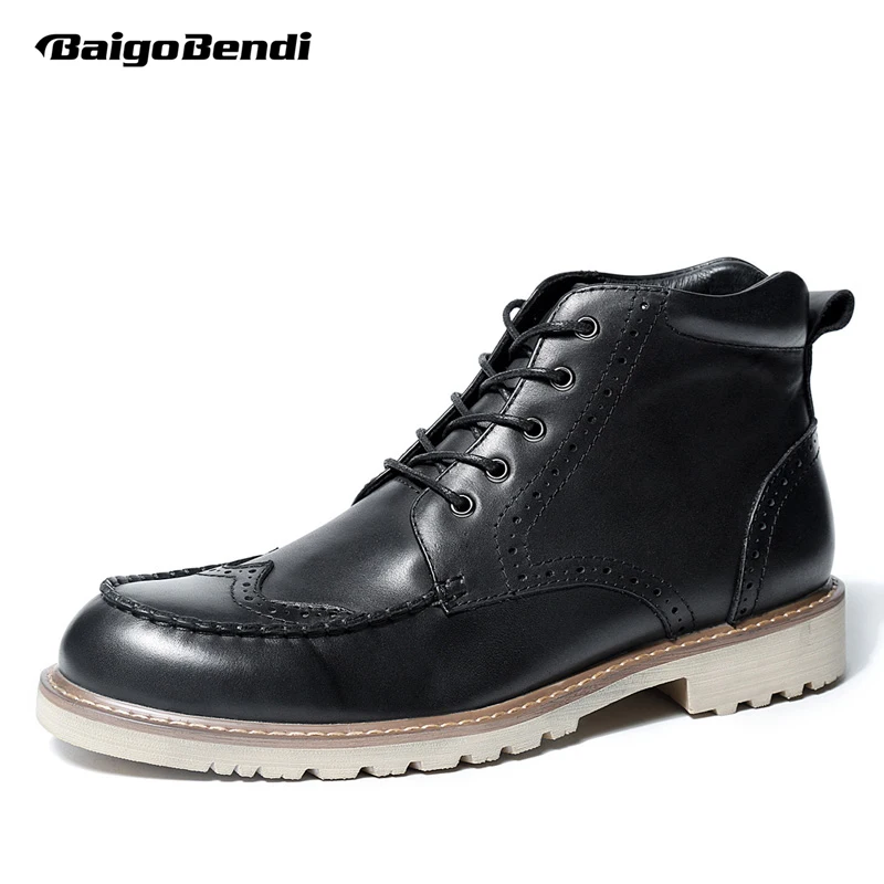 

Genuine Leather Mens Fretwork Lace Up Round Toe Wing Tips Brogue Martin Boots Work Safety Soliders Riding Boots