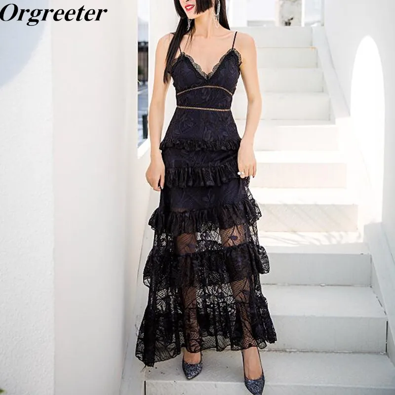 

Fashion Runway Summer Lace Dress 2019 Summer Women's Sexy V Neck Backless Spaghetti strap Ruffles Party Long Dress