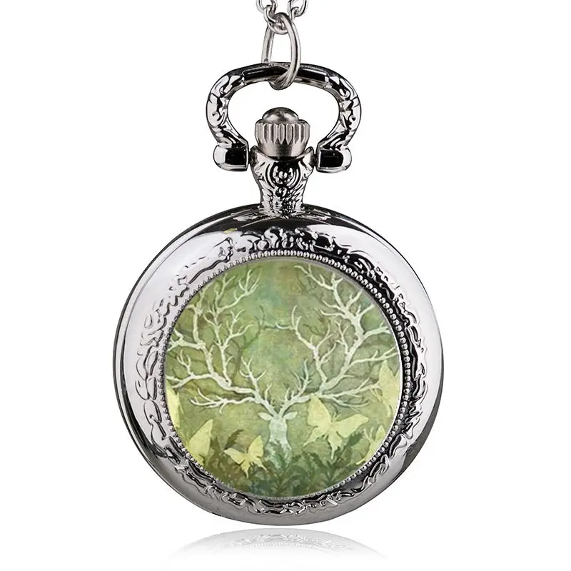 

High Quality Best Selling Quartz Pocket Watch Green Deer Pattern Fob Chain Watch Men Women HB167