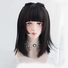 Повседневный челка 42 см Средний прямой черный базовый синтетический парик для костюмированной вечеринки на Хэллоуин+ парик H762341B