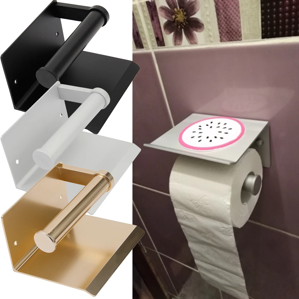 

Toilet Paper Holder with Shelf Black Wall Mounted Mobile Phone Paper Towel Holder Decorative Bathroom Roll Paper Holder Creative