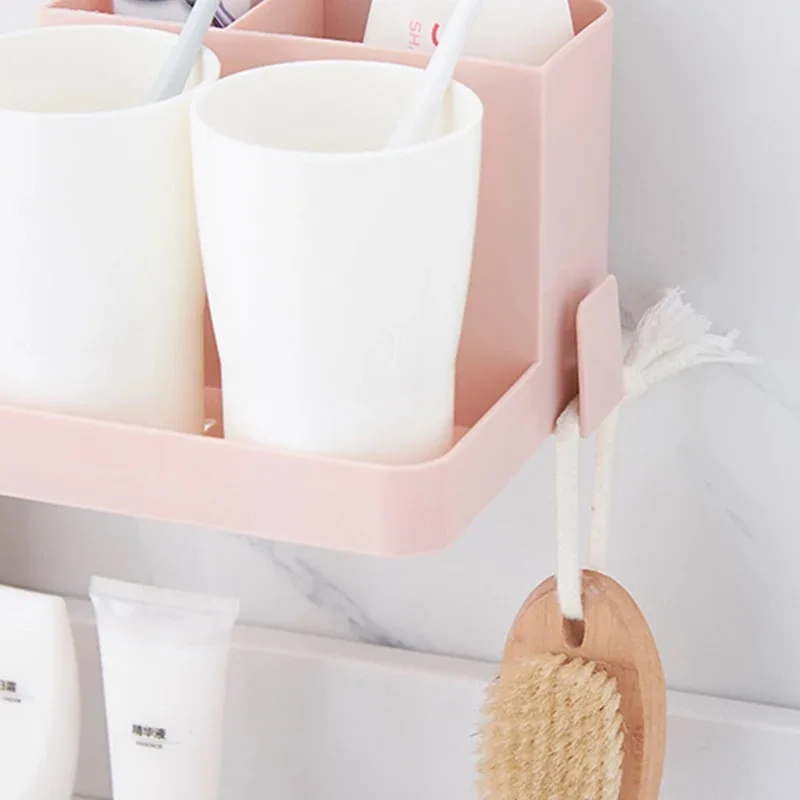 Toothbrush Holder Wall Hanging Toothpaste Mouth Cup Hanging Storage Shelf Kitchen Bathroom Organizers