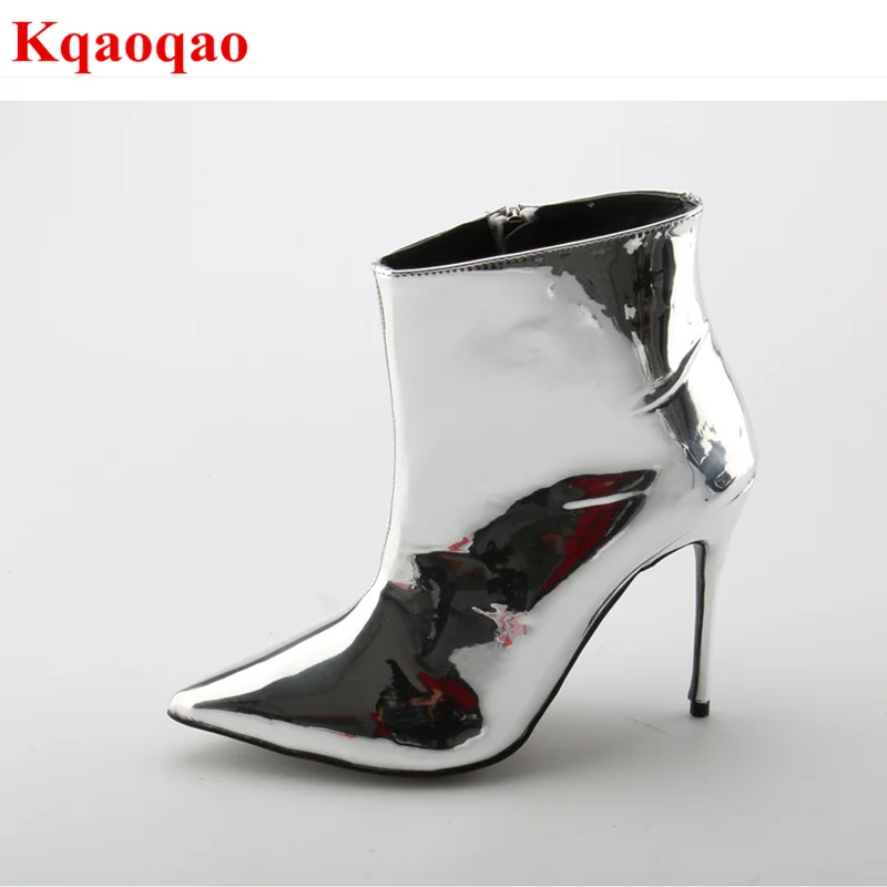 

Pointed Toe Silver Women Mid-calf Boots Short Booties Fashion Luxury Brand Star Runway Dress Zippered Shoes Sexy High Thin Heel